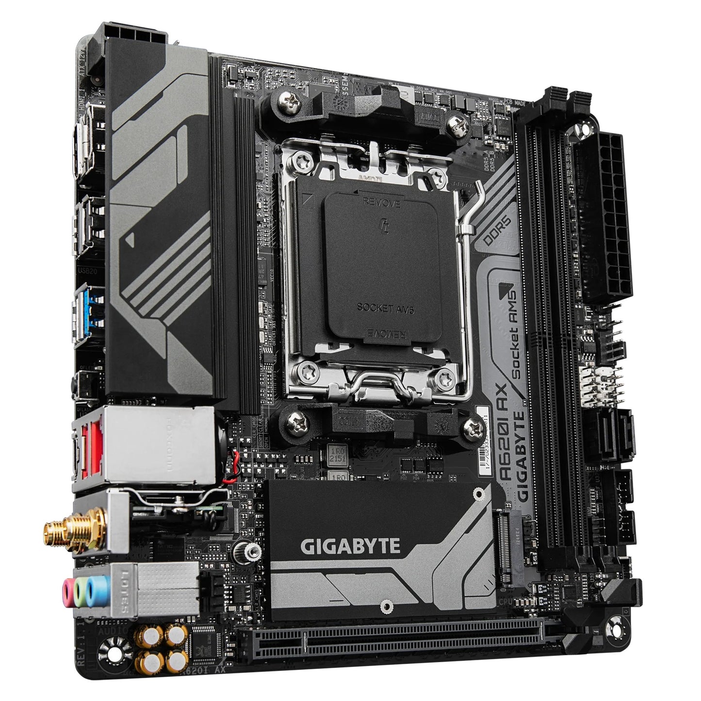Gigabyte M/B A620I AX 1.0, AMD AM5, 2 x DDR5 up to 128 GB, 1 x HDMI, 1 x PCI Express x16, 1 x M.2, 2 x SATA, 4x USB 3.2